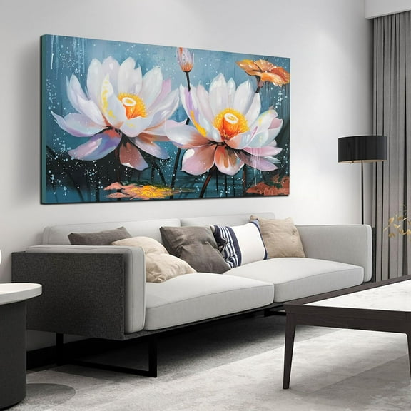 Aaheei Lotus Flower Wall art for Living Room, White Floral Canvas Wall Decor for Bedroom, Nature Landscape Hand Painted Artwork