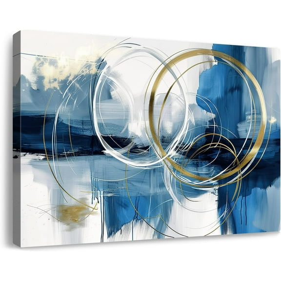 Aaheei Minimalist Abstract Canvas Wall Art Blue and Gold Doodles on White Background Painting Prints Stylish Artwork for Living Room Bedroom Office Decor