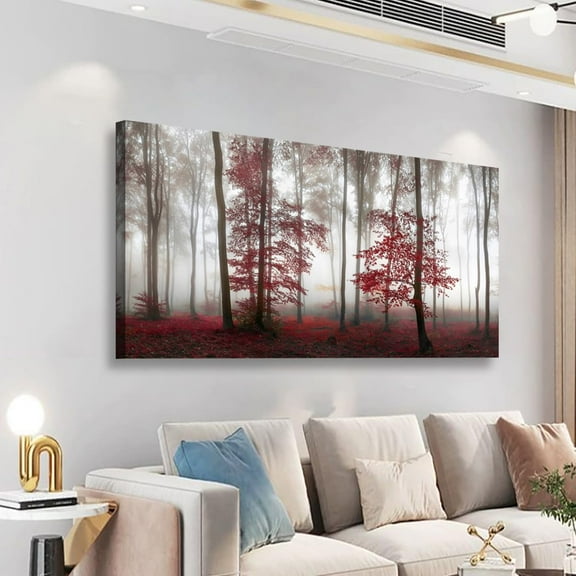 Aaheei Misty Forest Pictures Canvas Wall Art for Living room Office Bedroom Wall Decor,Forest Wall Art Print Paintings Modern Nature Red Tree Artwork Waterproof Ready to Hang