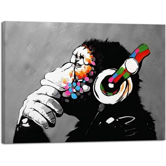 Aaheei Monkey With Headphones Banksy Graffiti Art Abstract Canvas Painting Posters and Prints Animal Canvas Wall Art for Wall Decor and Home decorations Office Decor
