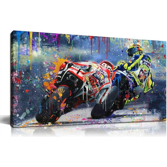 Aaheei Motorcycle Wall Decor for Boys Bedroom, Graffiti Sports Poster Canvas Wall Art for Living Room, Colorful Sports Match Picture Print Painting