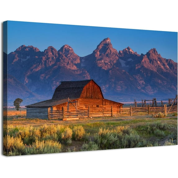 Aaheei National Park Wall Art Mountain Pictures Wall Decor Sunset Grand Tetons Canvas Prints Picture Moulton Barn Painting Farmhouse Country Poster Artwork for Kitchen Living Room Home Decoration