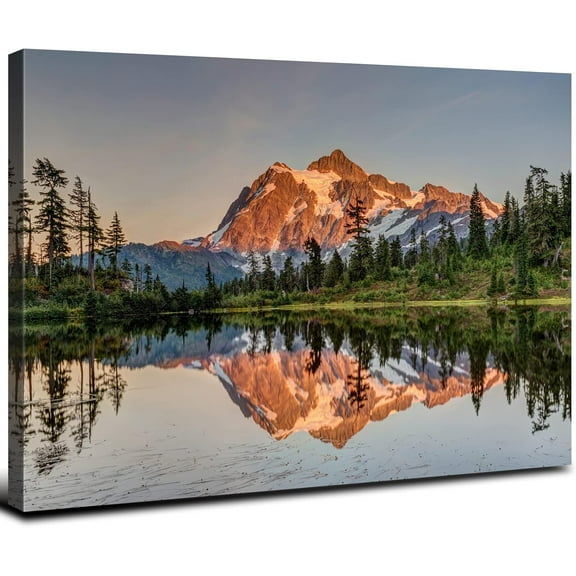 Aaheei Nature Mountain Scenery Canvas Wall Art Home Decorations Mount Baker Washington Landscape Picture Wall Decor Sunset Forest River Panoramic Painting for Modern Living Room Bedroom Artwork