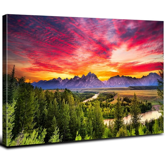 Aaheei Nature Pictures Colorful Wall Art Mountain Wall Decor National Park Painting Grand Teton Sunset Canvas Prints Modern Country Landscape Artwork for Living Room Bedroom Home Decorations
