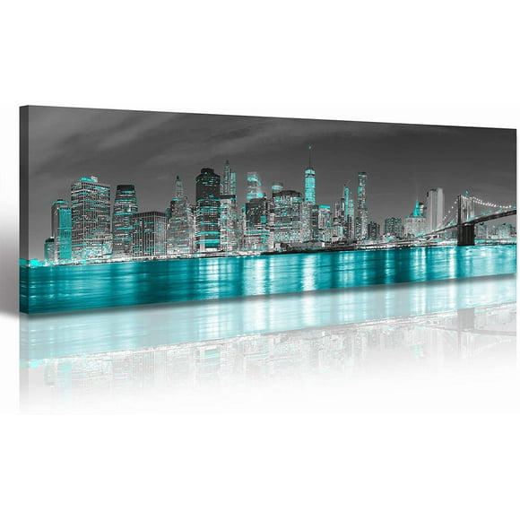 Aaheei New York Skyline City Wall Art Black and White Turquoise Bedroom Decor Pictures for Living Room Canvas Prints Manhattan Panorama Cityscape Teal Night View Paintings Artwork Decorations