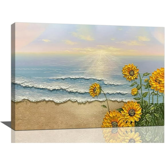 Aaheei Ocean Beach Decor Wall Art Coastal Ocean Waves Sunflower Pictures Sunset Seascape Canvas Painting Nature Home Modern Artwork Decorations for Bathroom Living Room Bedroom Office 16x24