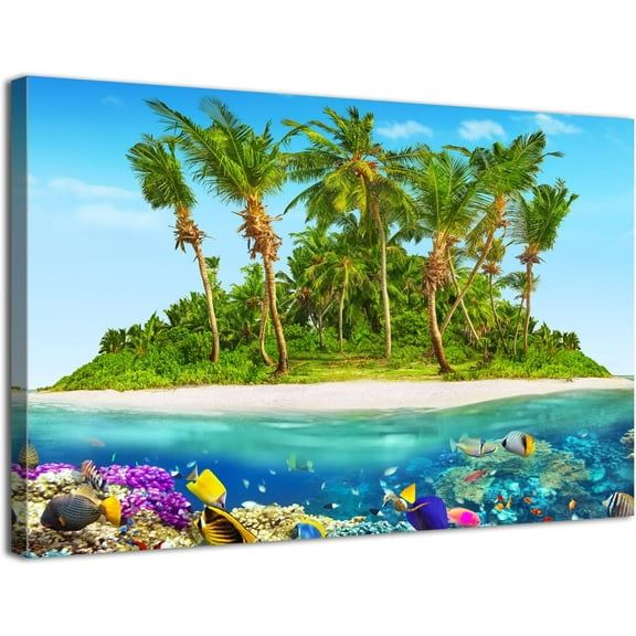 Aaheei Ocean Picture Wall Decor Beach Canvas Wall Art Funny Sea life Landscape Pictures for Bathroom Tropical Palm Tree Scenery Painting Poster Undersea Animals Coral Artwork Home Decorations