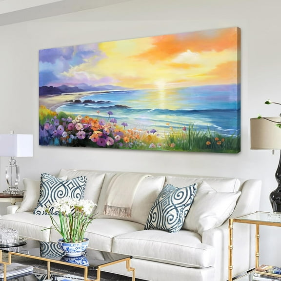 Aaheei Ocean Sunset Wall Art Canvas Wall Art for Coastal Décor Rustic Sunrise Canvas Print Big Beach Themed Painting Seagull Vintage Sea Artwork Oversized Blue Colorful Ocean Canvas Wall Art