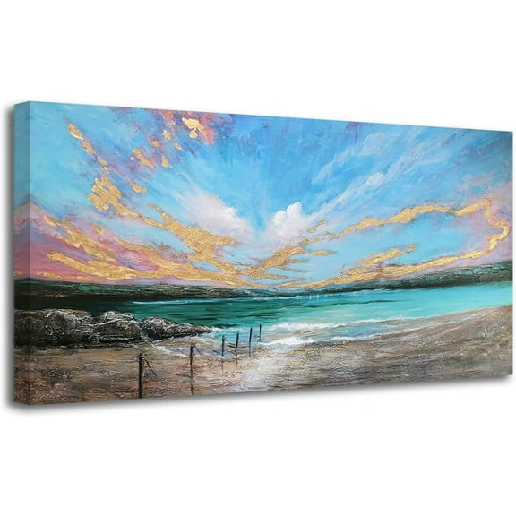 Aaheei Ocean Teal Wall Art Canvas Coastal Beach Painting Blue Turquoise Landscape Sunset Picture, Panoramic Gold Foil Textured Artwork for Living Room Bedroom Bathroom Wall Decor