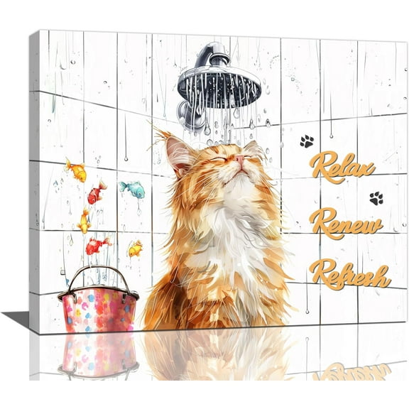 Aaheei Orange Cat Wall Art - Cut Cat In Shower Bathroom Pictures For Wall - Colorful Fish Funny Bathroom Decor Modern Artwork for Restroom Toilet Nursery