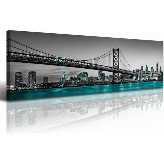 Aaheei Philadelphia Skyline City Canvas Wall Art Decor Black and White Aqua Green Teal Panorama Cityscape Pictures Artwork Painting Poster for Bedroom Office Decoration