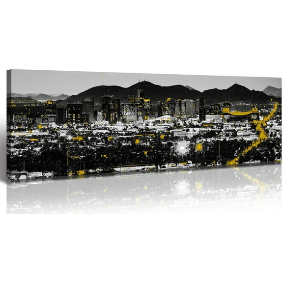Aaheei Phoenix Skyline Canvas Wall Art - Arizona Cityscape Landscape Black and White Yellow Modern Home Decor for Living Room, Bedroom, Office