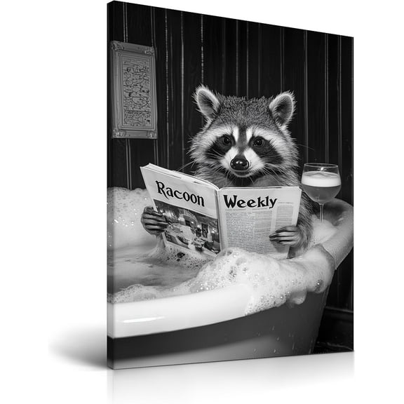 Aaheei Raccoon in Bathtub Wall Art,Funny Animal Bathroom Canvas Print,Black and White Racoon Poster,Humorous Picture Wall Decor for Bathroom Kid Room Bedroom Nursery Home, 1 Pack