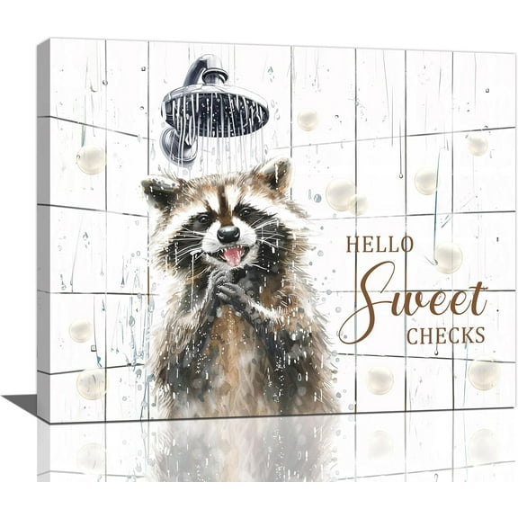 Aaheei Raccoon Wall Art Funny Raccoon In Shower Bathroom Pictures For Wall Bathroom Quotes Sign Canvas Print Painting Black And White Animals Bathroom Decor Modern Artwork for Restroom Toilet