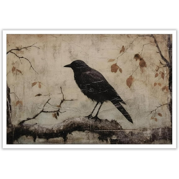 Aaheei Retro Canvas Wall Art - Moody Raven Witchy Art Poster, Creepy Full Haunted Forest Halloween Picture, Scary Weird Witch Black Crow Halloween Decoration