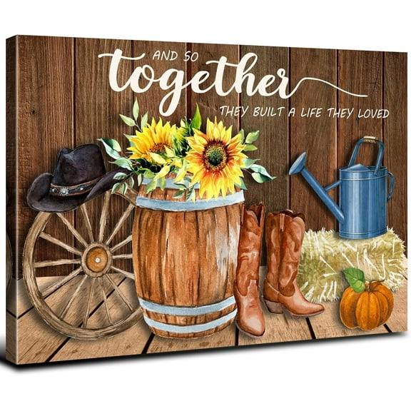 Aaheei Rustic Cowboy Wall Art Western Country Kitchen Pictures Wall Decor Farmhouse Canvas Prints Retro Brown Hat Boot Family Together Quotes Artwork for Living Room Bedroom Office Home Decoration