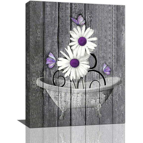 Aaheei Rustic Daisy Bathroom Decor Wall Art Farmhouse Purple Daisy Butterfly Bathtub Pictures Wall Decor Black And White Canvas Prints Artwork Paintings Home Office Decorations For Bathroom