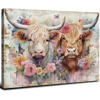 Aaheei Rustic Highland Cow Wall Art Watercolor Cow Pictures for Bathroom Farmhouse Cute Brother Cattles Canvas Prints Nursery Farm Animal Wall Decor Floral Painting Bedroom Home Decoration