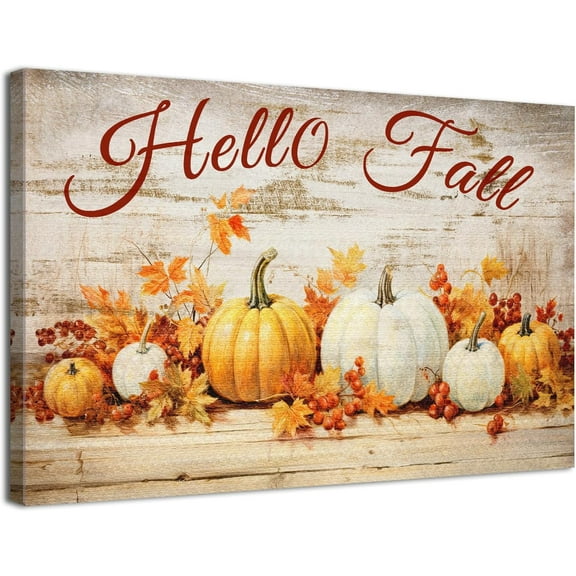 Aaheei Rustic Pumpkin Wall Art Canvas Prints Hello Fall Pictures Wall Decor for Farmhouse Kitchen Dinner Room Watercolor Pumpkins Maple Leaves Autumn Fall Posters Halloween Artwork Home Decorations