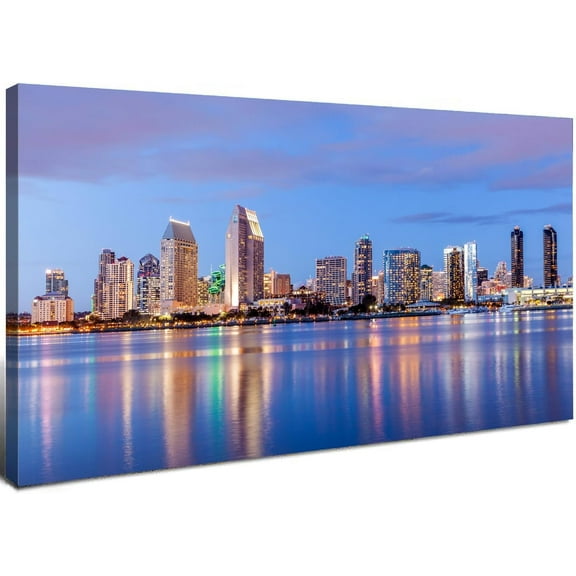 Aaheei San Diego City Wall Art USA Cityscape Wall Decor Sunset San Diego Skyline Canvas Prints Picture California Night View Painting Poster Modern Artwork for Bedroom Living Room Home Decorations