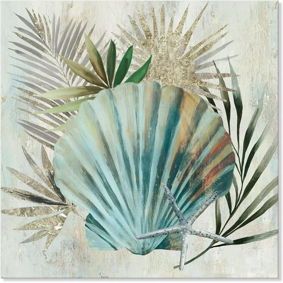 Aaheei Seashell Bathroom Decor Coastal Wall Art Turquoise Shell with Palm Leaves Canvas Print Nautical Artworks Ocean Decor Beach Decorations for Home Bedroom Livingroom