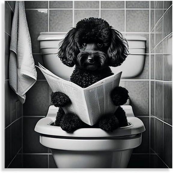 Aaheei Square Canvas Bathroom Decor Black Poodle Dog Wall Decor Poster Animals Reading Newspaper Theme Bathroom Wall Art Print Toilet Wall Decor Home Gift