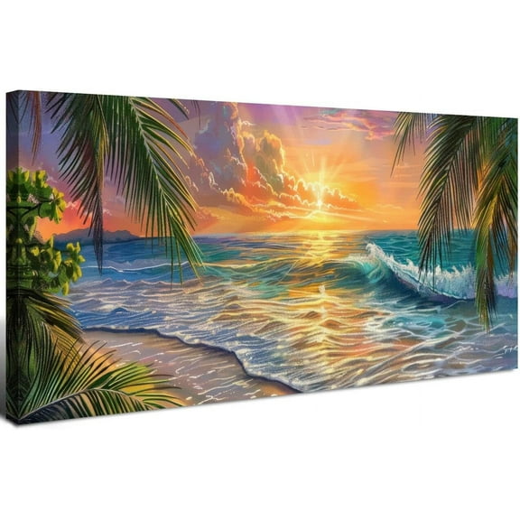 Aaheei Sunset Beach Wall Art for Bathroom Watercolor Coastal Wall Decor Ocean Seascape Canvas Prints Pictures Nature Ocean Waves Landscape Painting Artwork for Living Room Bedroom Home Decorations