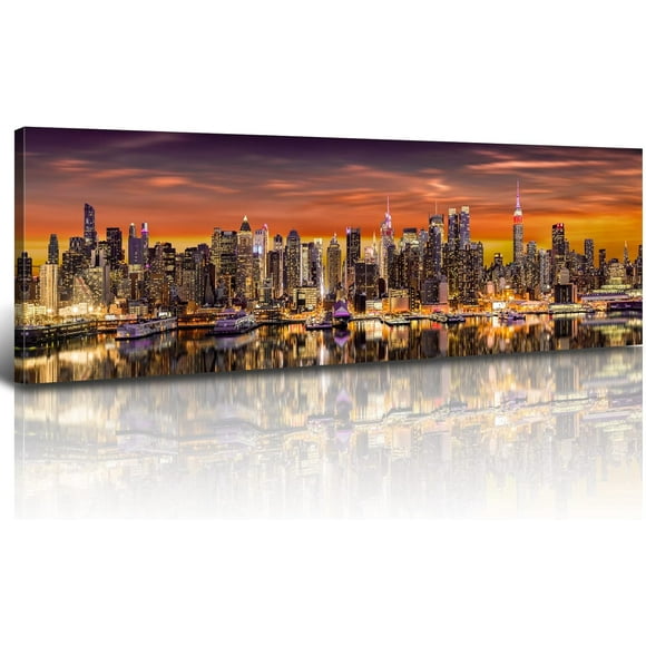 Aaheei Sunset Wall Art New York Skyline Wall Decor City Canvas Pictures for Living Room Orange Manhattan Panoramic Print NeonNeon Cityscape Poster NYC Skyscraper Building Painting Artwork Office Home