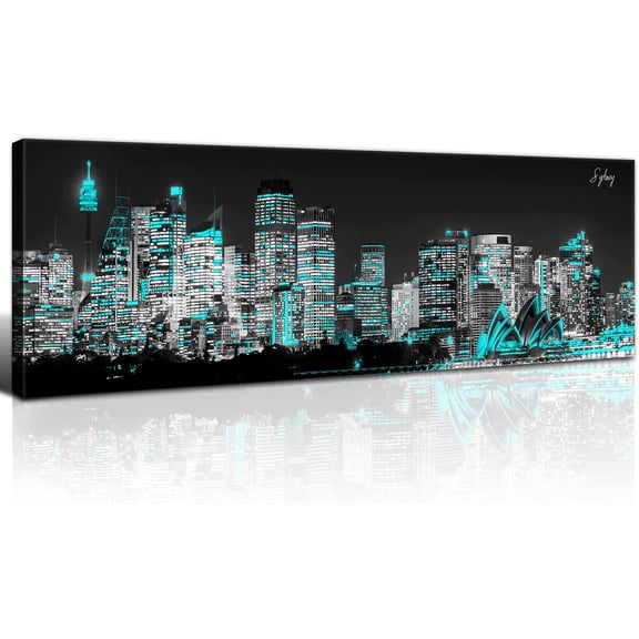 Aaheei Sydney Cityscape Skyline Wall Art Teal Australia City Wall Decor Aqua Green Opera House Canvas Painting Black and White Architecture Prints Pictures Artwork Bedroom Home Decorations