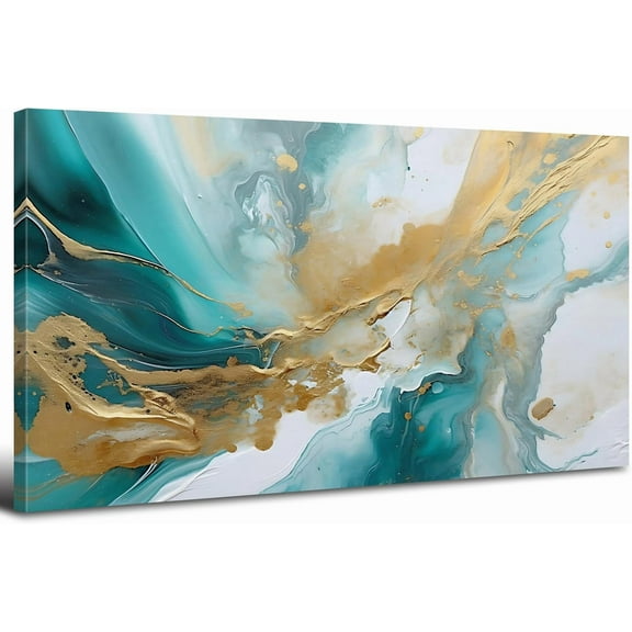 Aaheei Teal Abstract Wall Art for Living Room Turquoise Picture Abstract Marble Canvas Painting Wall Decor Teal and Gold Prints Poster Modern Neutral Artwork for Office Bedroom Home Decoration