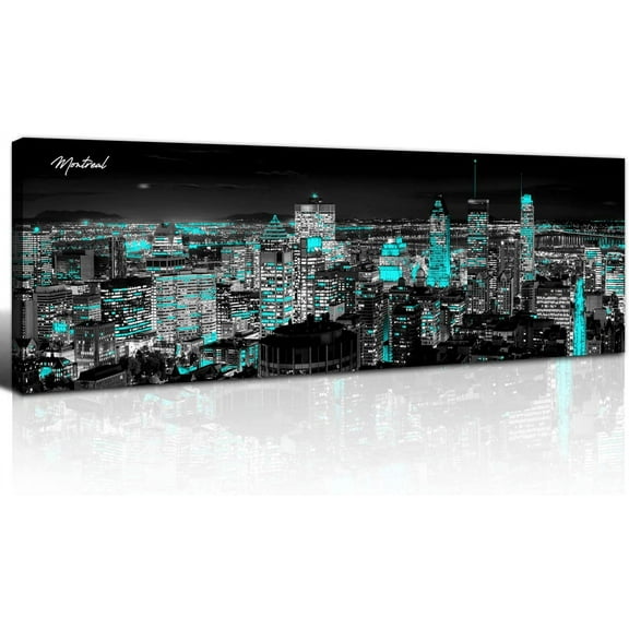 Aaheei Teal Montreal Skyline Wall Art Black and White Night View Cityscape Wall Decor Canada City Pictures Canvas Prints Downtown Skyscraper Paintings Modern Artwork Office Home Decoration