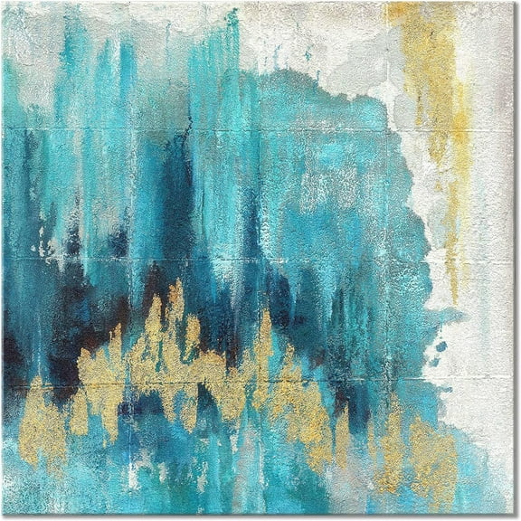 Aaheei Teal Wall Art Abstract Picture: Gold Foils and Heavy Painting on Canvas for Navy Blue Living Room Decoration