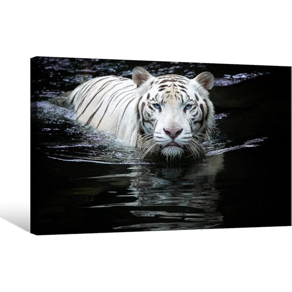 Aaheei Tiger Canvas Wall Art White Tiger in River Canvas Picture Prints Black and White Wild Animal Giclee Artwork Ready to Hang for Living Room Wall Décor