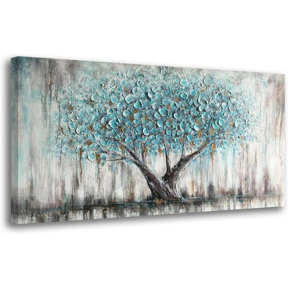Aaheei Tree Wall Art Teal Blue Nature Tree of Life Abstract Canvas Painting Picture, Modern Panoramic Landscape Artwork for Living Room Bedroom Bathroom Office Home Decor