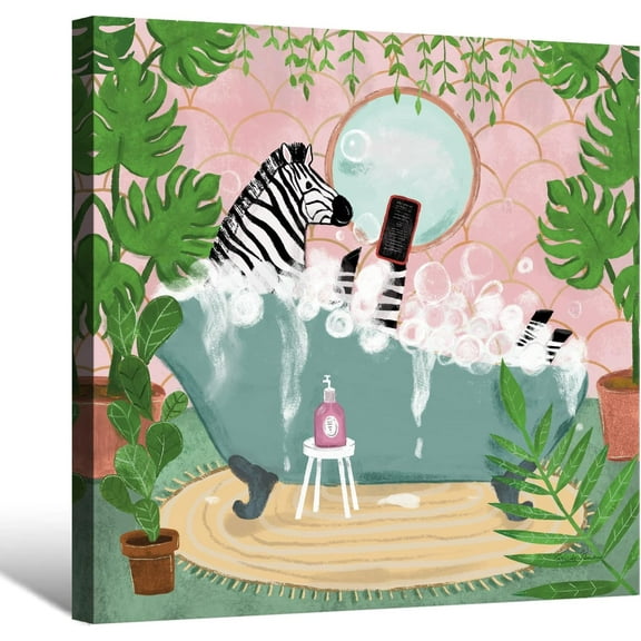 Aaheei Tropical Botanical Zebra Canvas Wall Art Funny Bathroom Wall Art Boho Safari Animal Picture Jungle Bath Poster Print for Restroom Toilet Bedroom Dorm Wall Decor