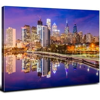 Aaheei USA City Downtown Wall Art Philadelphia Skyline Wall Decor Blue Night Cityscape Paintings for Living Room Schuylkill River Panoramic Pictures Skyscraper Canvas Prints Artwork Home Decorations