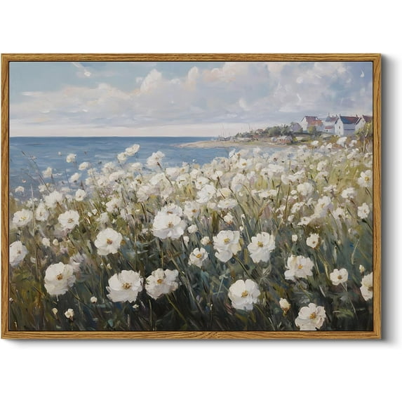 Aaheei Vintage Coastal Wildflower Canvas Wall Art Ocean View White Flowers, Rustic Nature Seaside Floral Landscape Painting, Spring Summer Print Cottagecore Home Decor