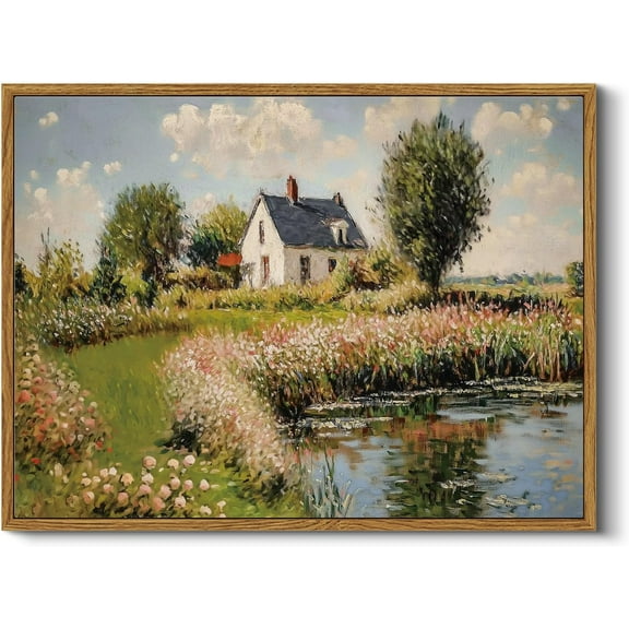 Aaheei Vintage Cottage Landscape Canvas Wall Art Countryside Pond House Decoration, Rustic Pastoral Print, Farmhouse French Country Scene Floral Wall Decor