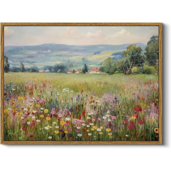 Aaheei Vintage Floral Canvas Wall Art Countryside Landscape Wildflower Artwork, Rustic Nature Flower Field Painting, Retro Spring Colorful Meadow Village Scene Farmhouse Decor