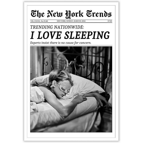 Aaheei Vintage I Love Sleeping Posters Black And White Newspaper Canvas Wall Art New York Times Magazine Headline Prints Painting For Home Bedroom Dorm Bar Cart Wall Decor