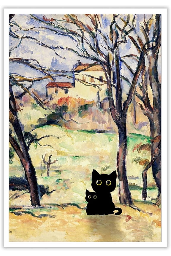 Aaheei Vintage Paul Cezanne Cat Canvas Wall Art Famous Oil Prints Paintings Trees and Houses Funny Black Cat Aesthetic Poster Gallery Rustic Farmhouse Landscape Wall Decor Bedroom