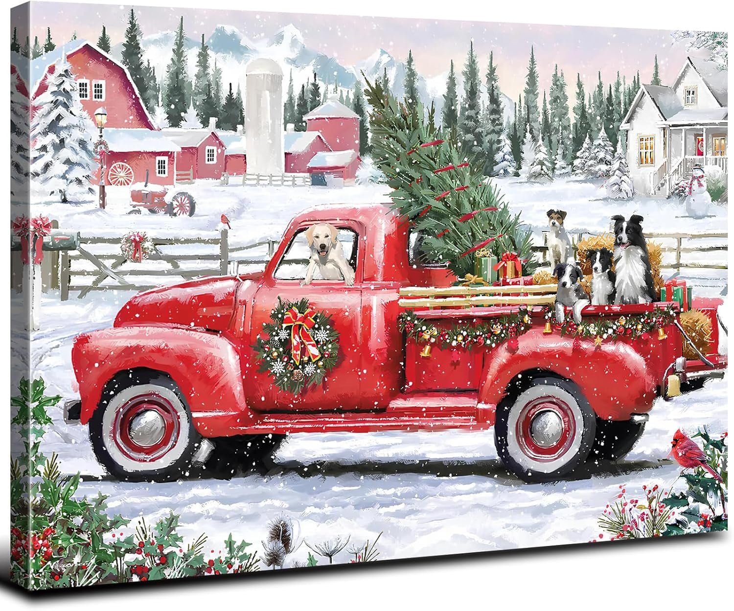 Aaheei Vintage Red Truck Wall Art Christmas Tree Wall Decor Cute ...
