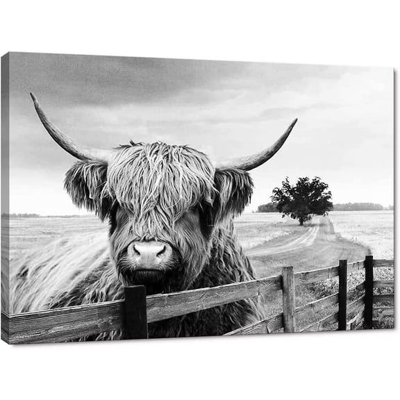 Aaheei Wall Art Black and White Landscape Pasture Canvas Modern Highland Cow Artwork Hairy Cow Cute Animal Prints Posters Ready to Hang for Living Room Bedroom Home Farmhouse Decor
