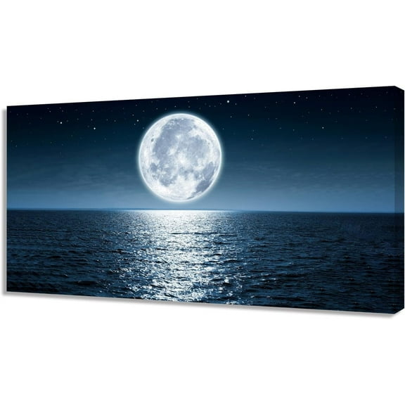 Aaheei Wall Art Canvas Print Moon Sea Ocean Landscape 1 Panels Full moon Picture Painting Ready to Hang for Living Room Bedroom Office Home Decor Artwork
