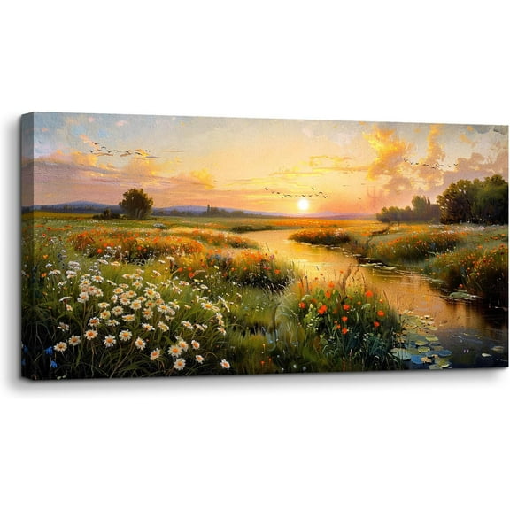 Aaheei Wall Art for Living Room, Sunset Landscape Wall Decor, Meadow Wildflowers Canvas Prints Paintings, Marshland Scenery Pictures Home Decor for Bedroom Dining Room Kitchen 16x16
