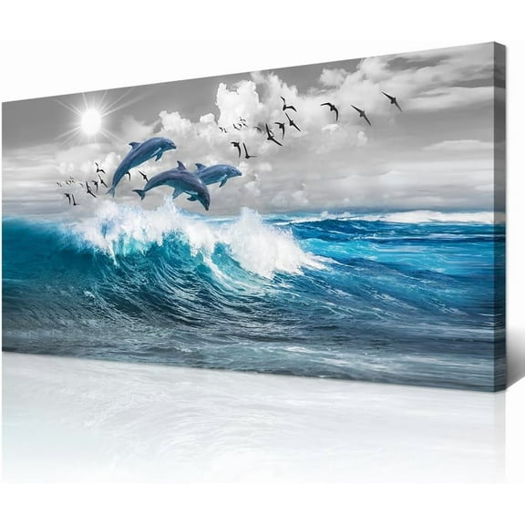 Aaheei Wall Decor For Living Room Canvas Wall Art For Bedroom Blue Wave Of The Sea Wall Pictures Artwork Modern Office Canvas Print Dolphins Wall Paintings Ready To Hanged