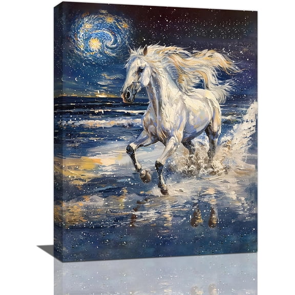Aaheei White Horse Wall Art Starry Night Beach Pictures wall Decor Abstract Horse Oil Painting Canvas Prints Modern Coastal Artwork Decorations for Bathroom Living Room Bedroom Office 11x14