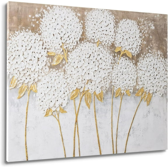 Aaheei White Hydrangea Flower Wall Art, Canvas Wall Art for Living Room, Oil Painting, Neutral Wall Art decor, Kitchen Bathroom Office Bedroom Wall Art Decor