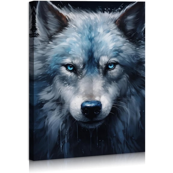 Aaheei Wolf Art Print Modern Home Decor Blue Eyes Wolf Canvas Print Wall Art Wild Animal Portrait Picture for Living Room Bedroom Home Decorations Ready To Hang 12x16