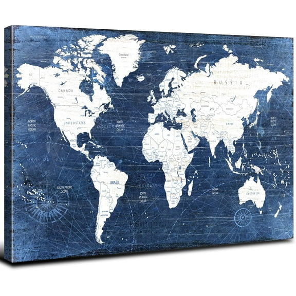 Aaheei World Map Wall Art for Living Room Vintage Office Wall Decor World Map Picture Prints Art, Retro Wall Maps Painting Canvas Poster, Retro Navy Blue World Map Artwork Home Decorations 12x16